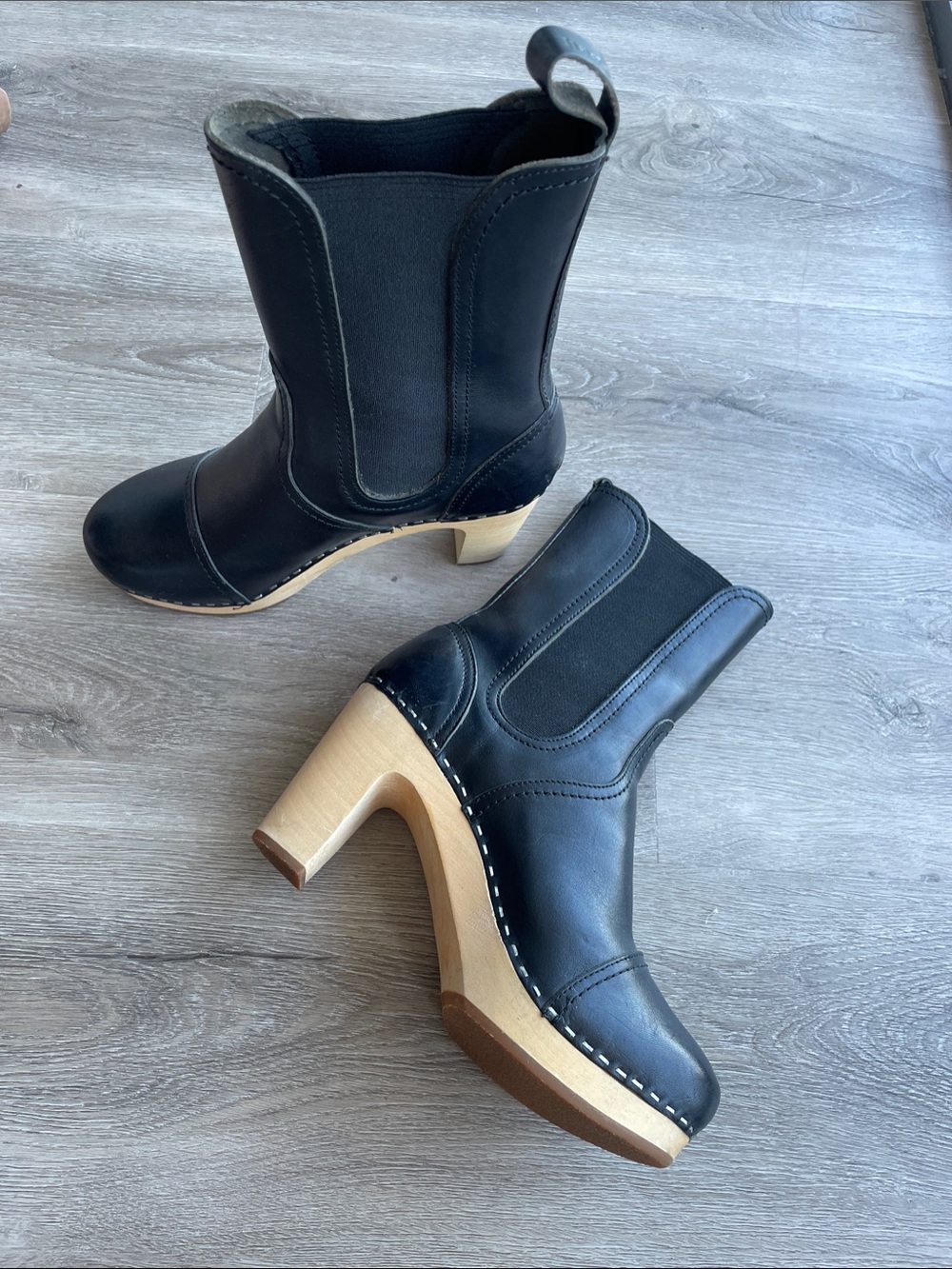 Swedish Hasbeens Black Leather Clog-Heel Mid-Calf Boots